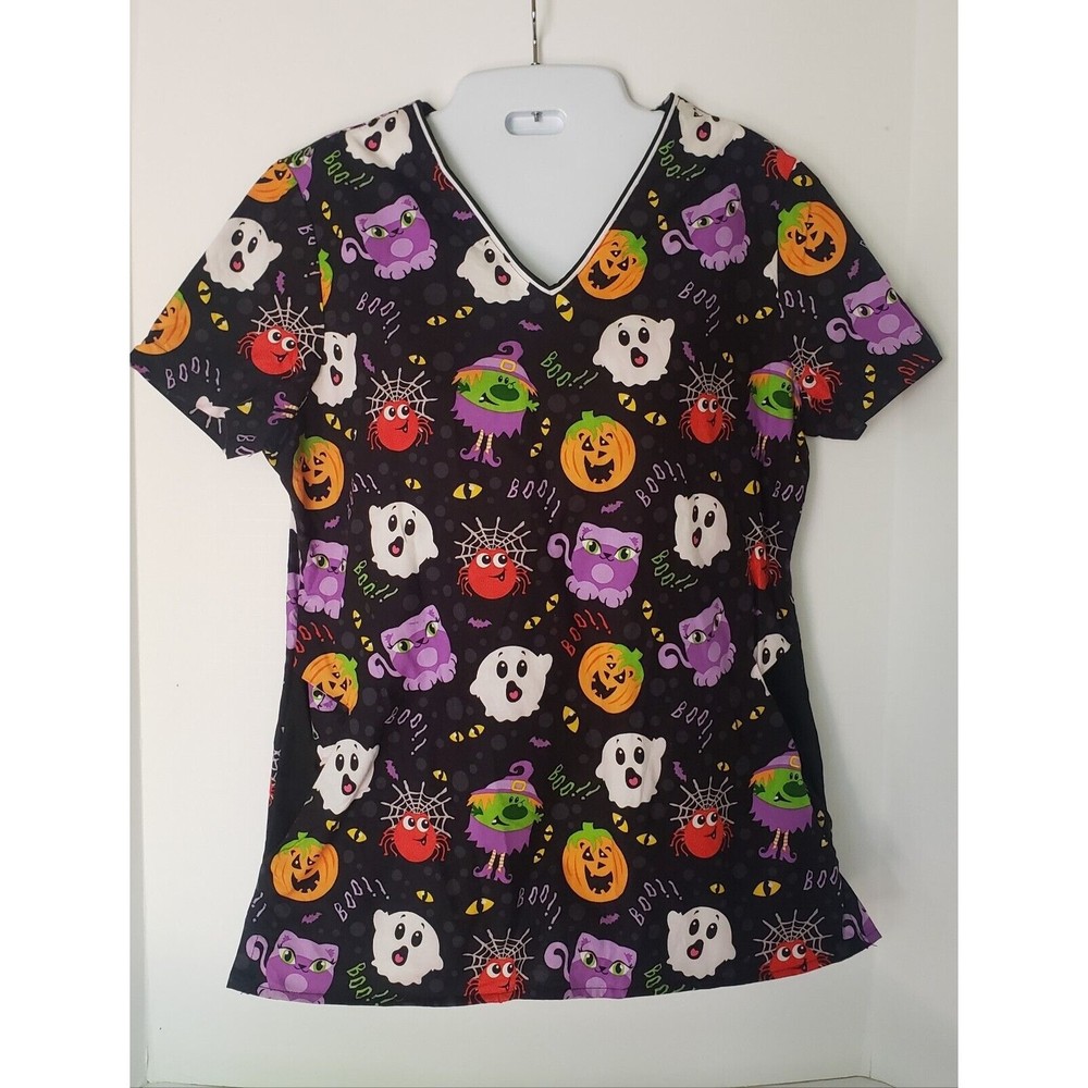 Womens Comfy Cotton Halloween Scrub Top Size XS Black Pumpkin Ghost Witch Spider